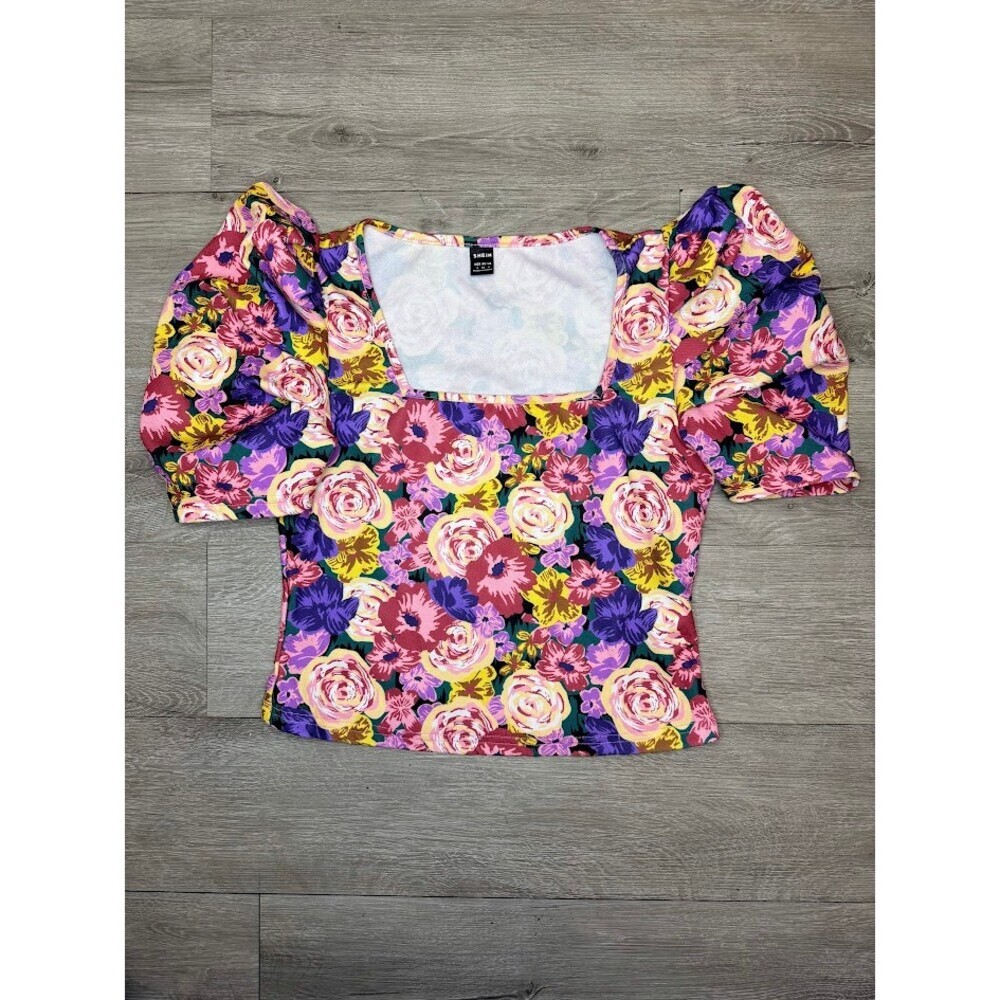 Floral Puff Sleeve Square Neck Top S